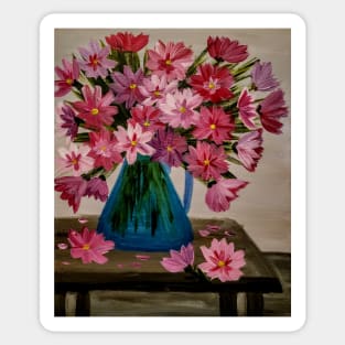 Abstract red and pink flowers im a metallic blue jug vase . On a table Sticker